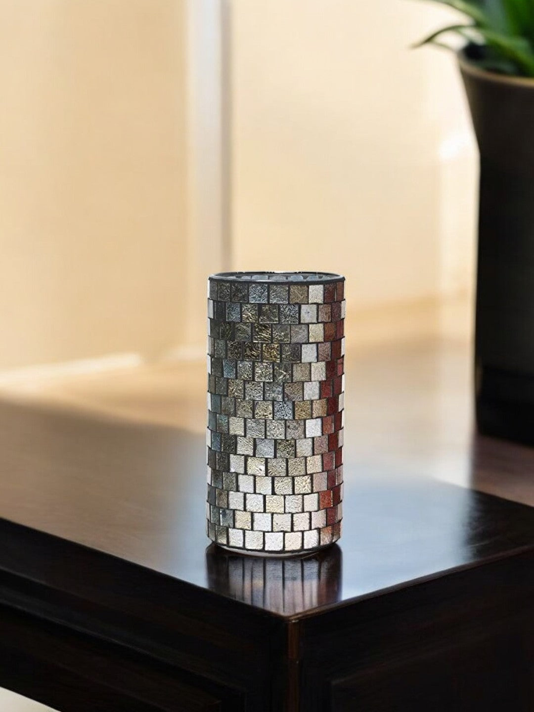 Mosaic Tea Light Candle Holder, Silver Finish, Set of 4, 7.8 inches High