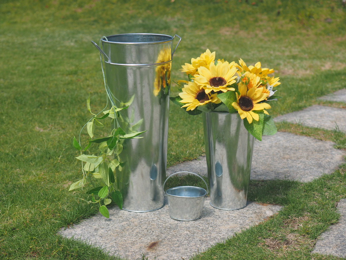 HOSLEY® Iron Galvanized French Bucket Vase with Handles, Set of 3, 9 inches High each