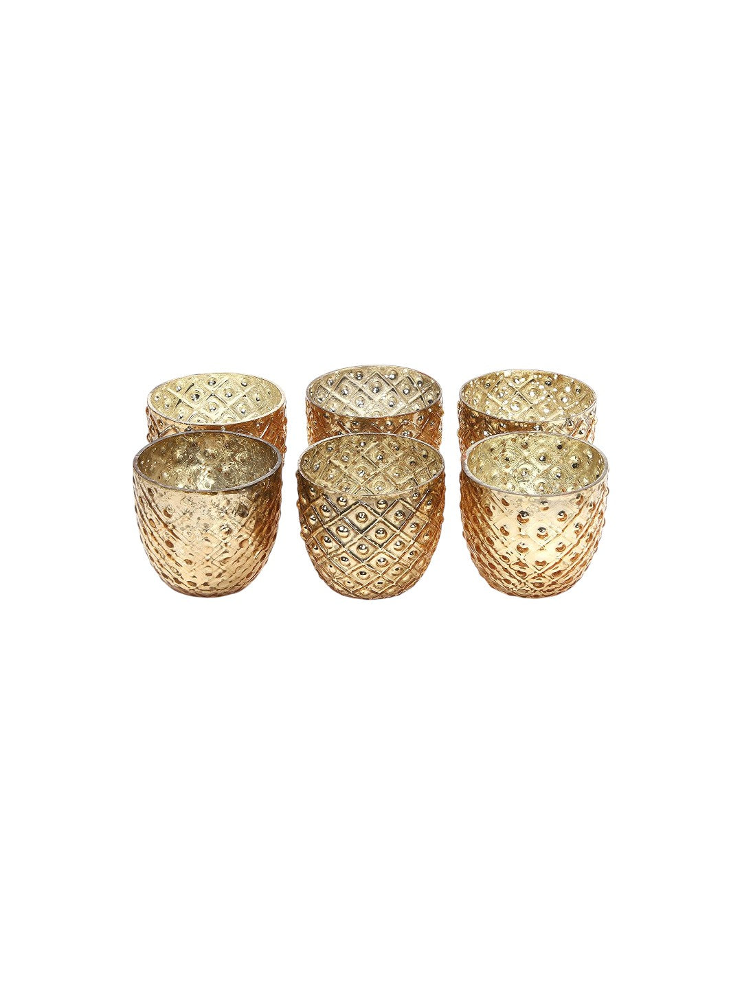 Glass Crackle Votive Tealight Candle Holder, Metallic Gold Finish, Set of 6, 2.75 inches each