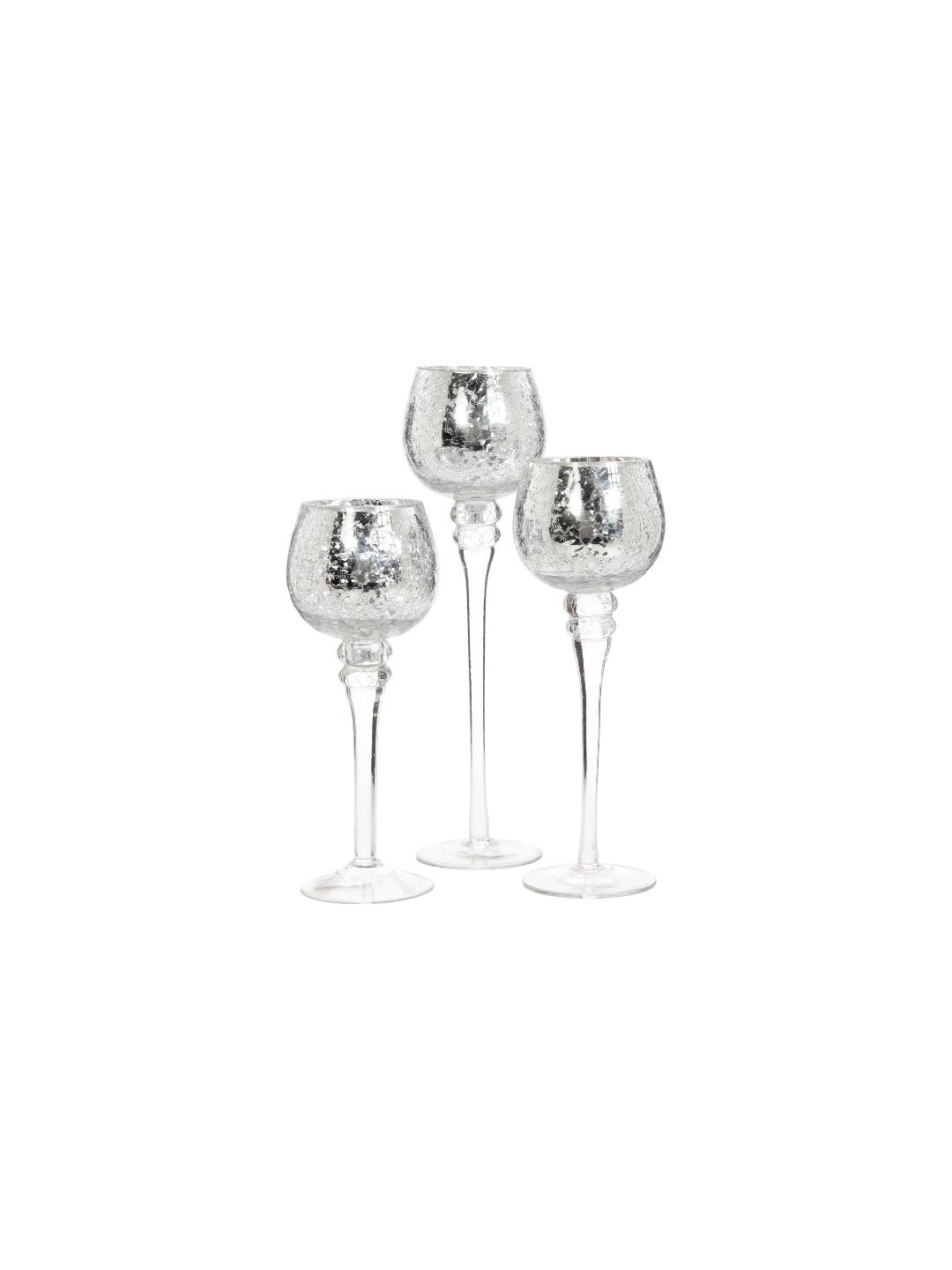 Long Stem Glass Crackle Tealight Holders, Metallic Silver  Finish, Set of 3,   9", 10" & 12"High