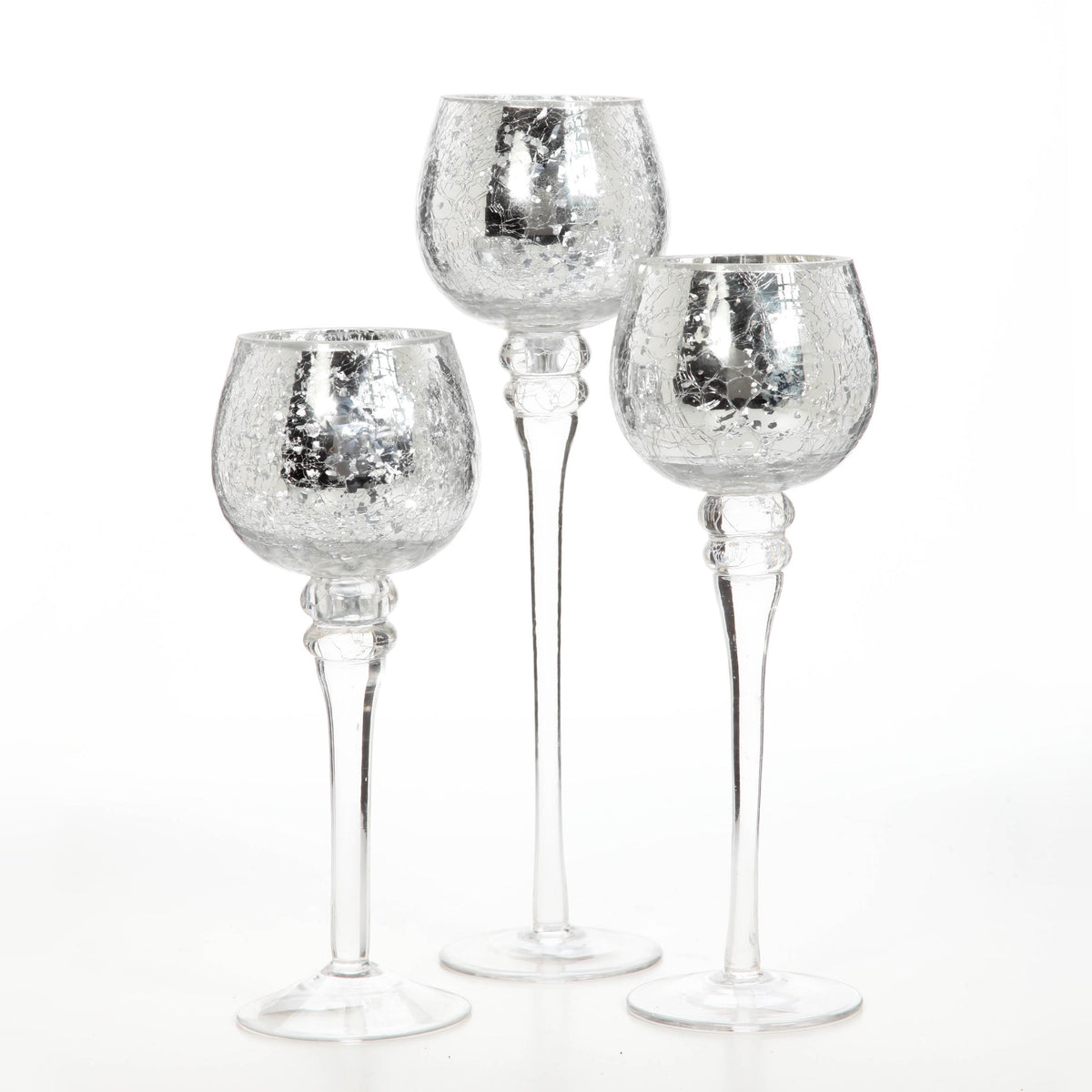 Long Stem Glass Crackle Tealight Holders, Metallic Silver  Finish, Set of 3,   9", 10" & 12"High