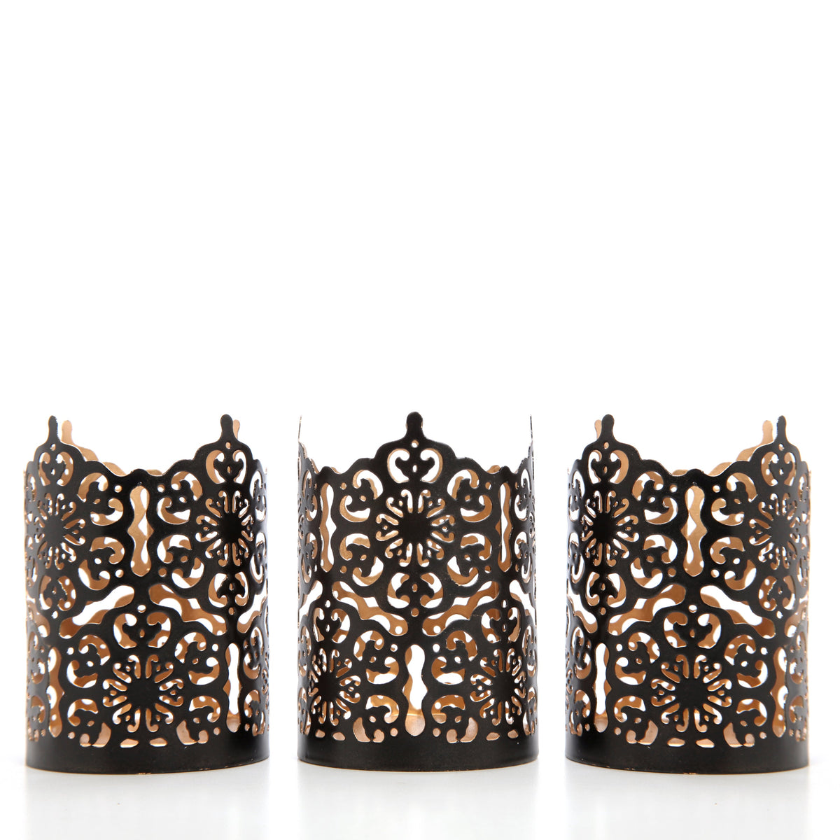 Set of 3 Black Finish Metal Candle Holders 4 Inch High Lattice Cut Lanterns for Coordinated Elegance and Enchanting Illumination Elevate Your Decor