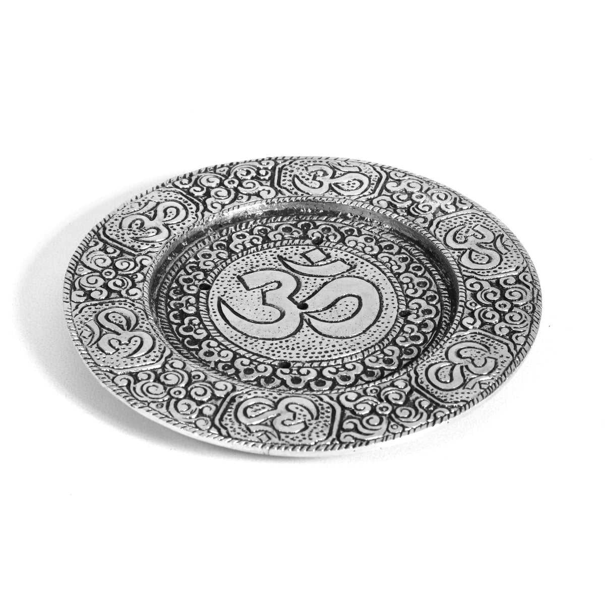 Metal OM Incense Sticks Burner/ Votive Pillar Holder, Aged Silver finish, 4.5 inches Diameter