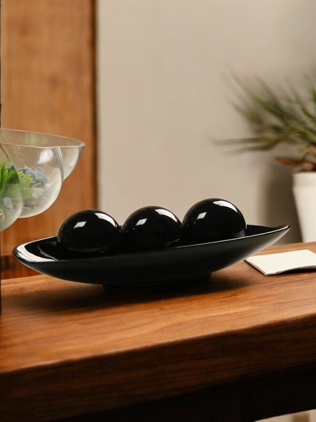 Ceramic Decorative Bow and Orb set,  Black Glazed