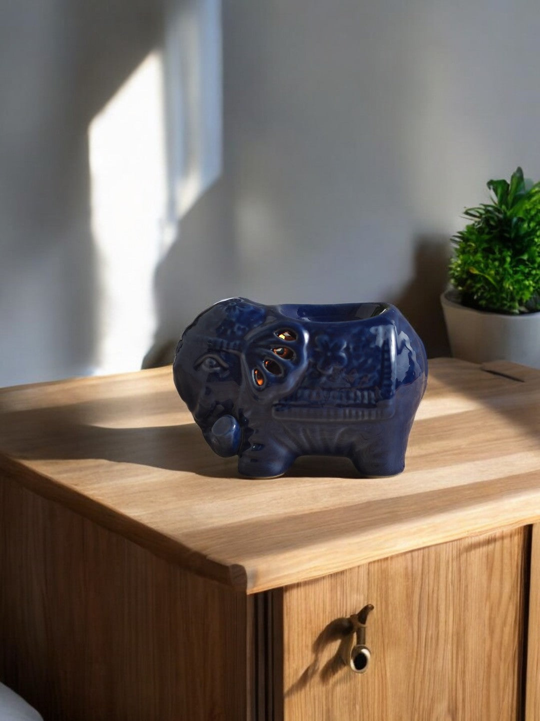 Enchanting Set of 2 Blue Elephant Ceramic Oil Warmers 4.25 Inches High, Ideal for Tealights and Aromatherapy Ambiance in Every Room