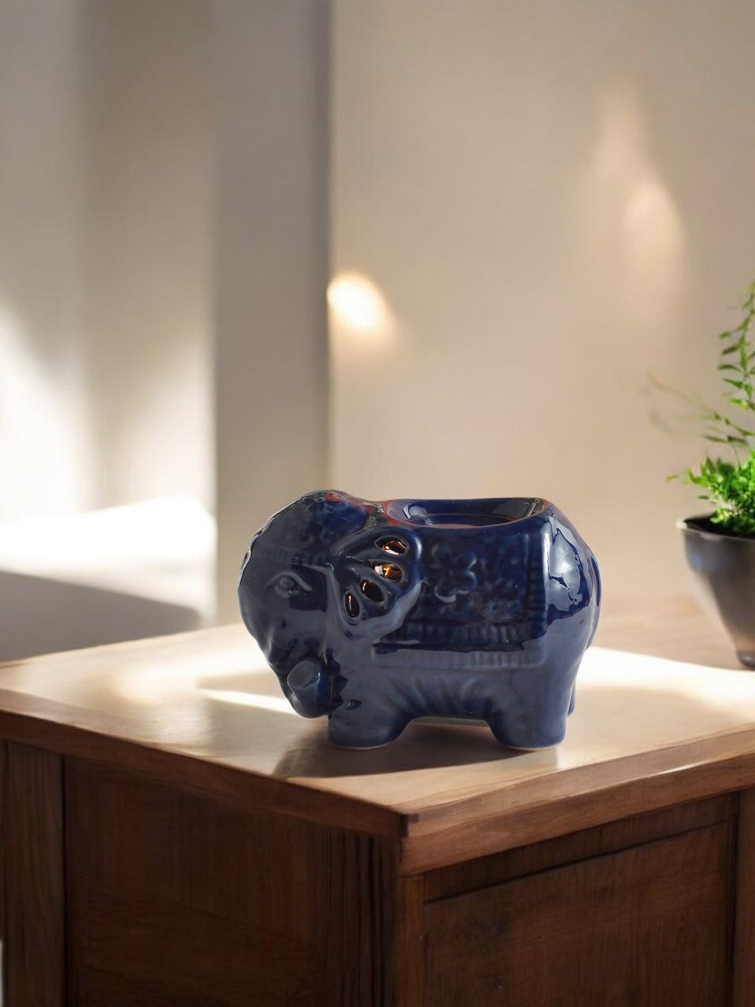 Enchanting Set of 2 Blue Elephant Ceramic Oil Warmers 4.25 Inches High, Ideal for Tealights and Aromatherapy Ambiance in Every Room