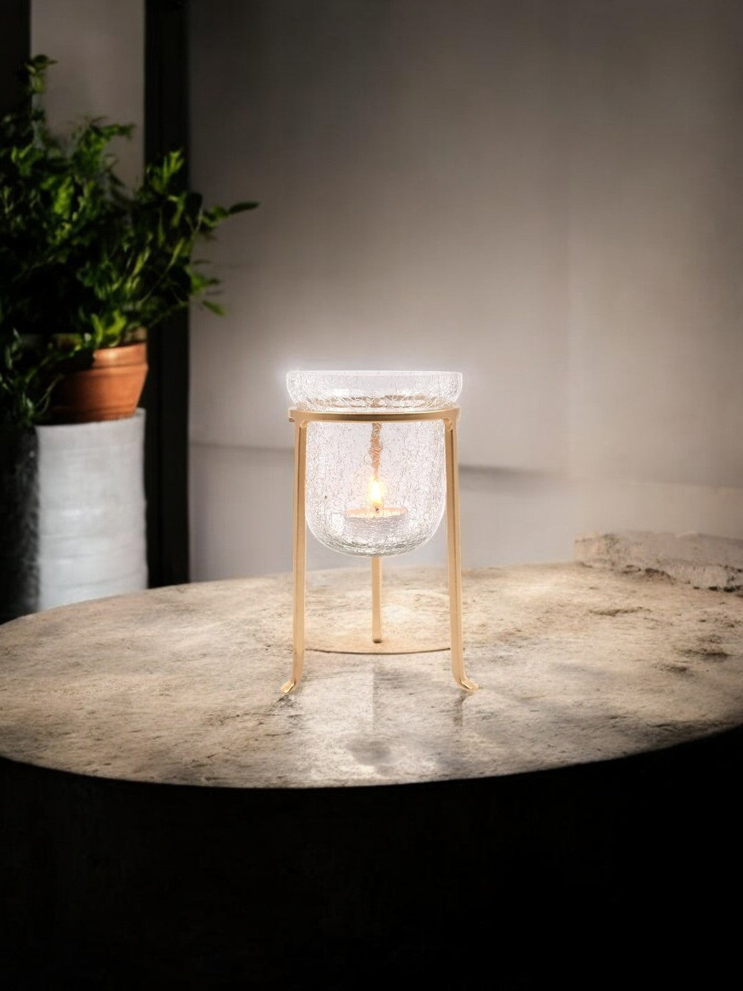 Gold Candle Stand with Crackle Glass Tealight LED Candle Holders 7 Inch High. Ideal Gift for Wedding Spa Bridal Aromatherapy Reiki Chakra Candle Garden Setting