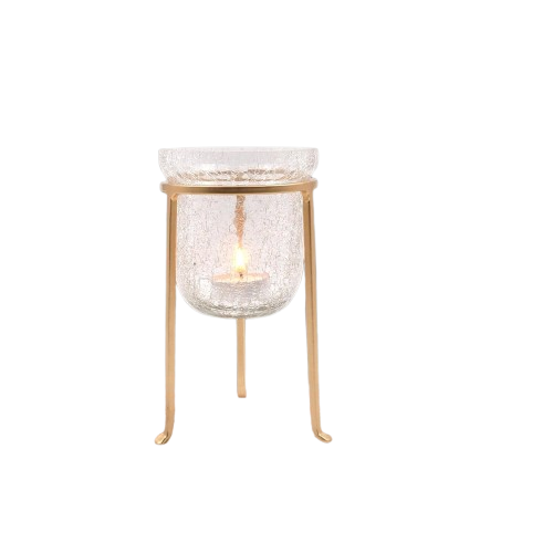 Gold Candle Stand with Crackle Glass Tealight LED Candle Holders 7 Inch High. Ideal Gift for Wedding Spa Bridal Aromatherapy Reiki Chakra Candle Garden Setting