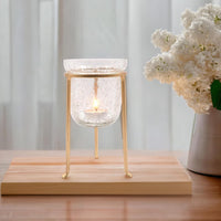 Gold Candle Stand with Crackle Glass Tealight LED Candle Holders 7 Inch High. Ideal Gift for Wedding Spa Bridal Aromatherapy Reiki Chakra Candle Garden Setting