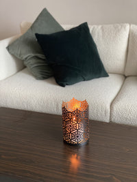 7 Inch High Cut Bronze LED Votive Tealight Holder Lantern Intricate Floral Design for Timeless Elegance and Cozy Illumination in Stylish Home D??cor Elevate Your Ambiance