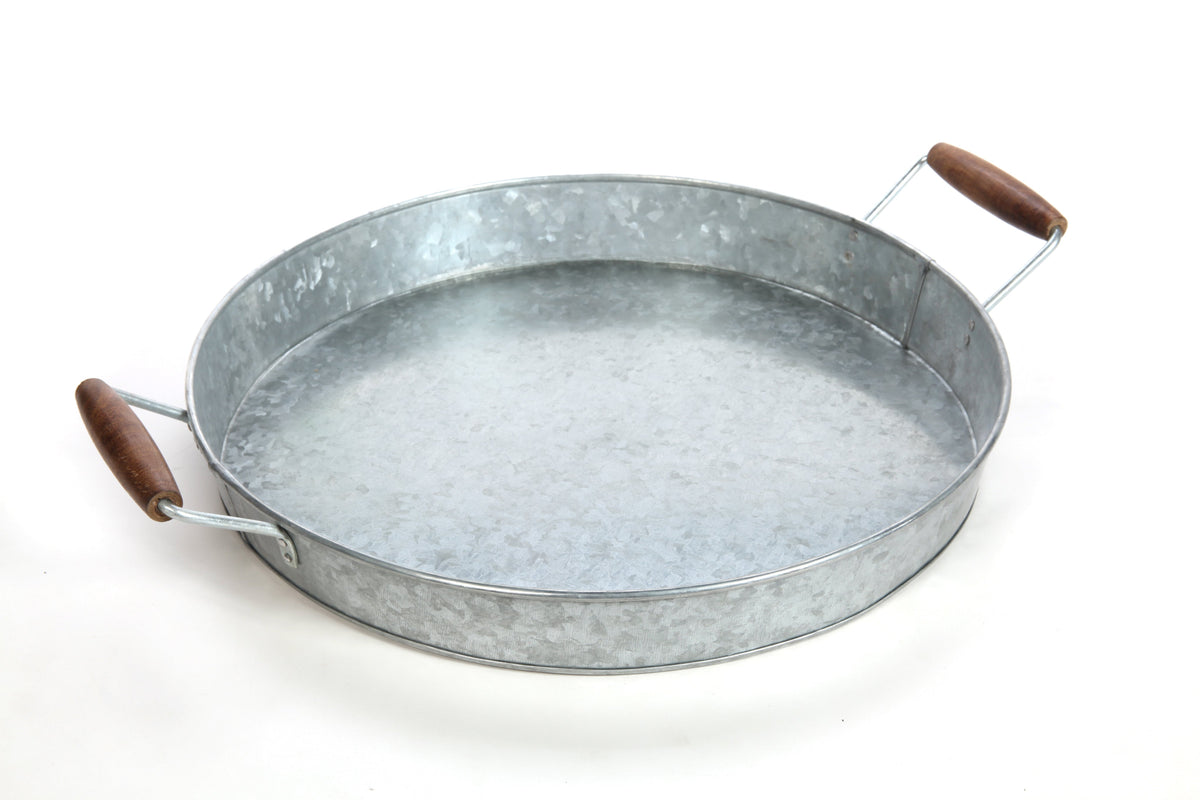 16 Inch Diameter (Handle to Handle 19.69 Inch) Galvanized Tray with Wooden Handles. Ideal Gift for Wedding Party Serving Ware House Warming Home Office Spa Aromatherapy. O4