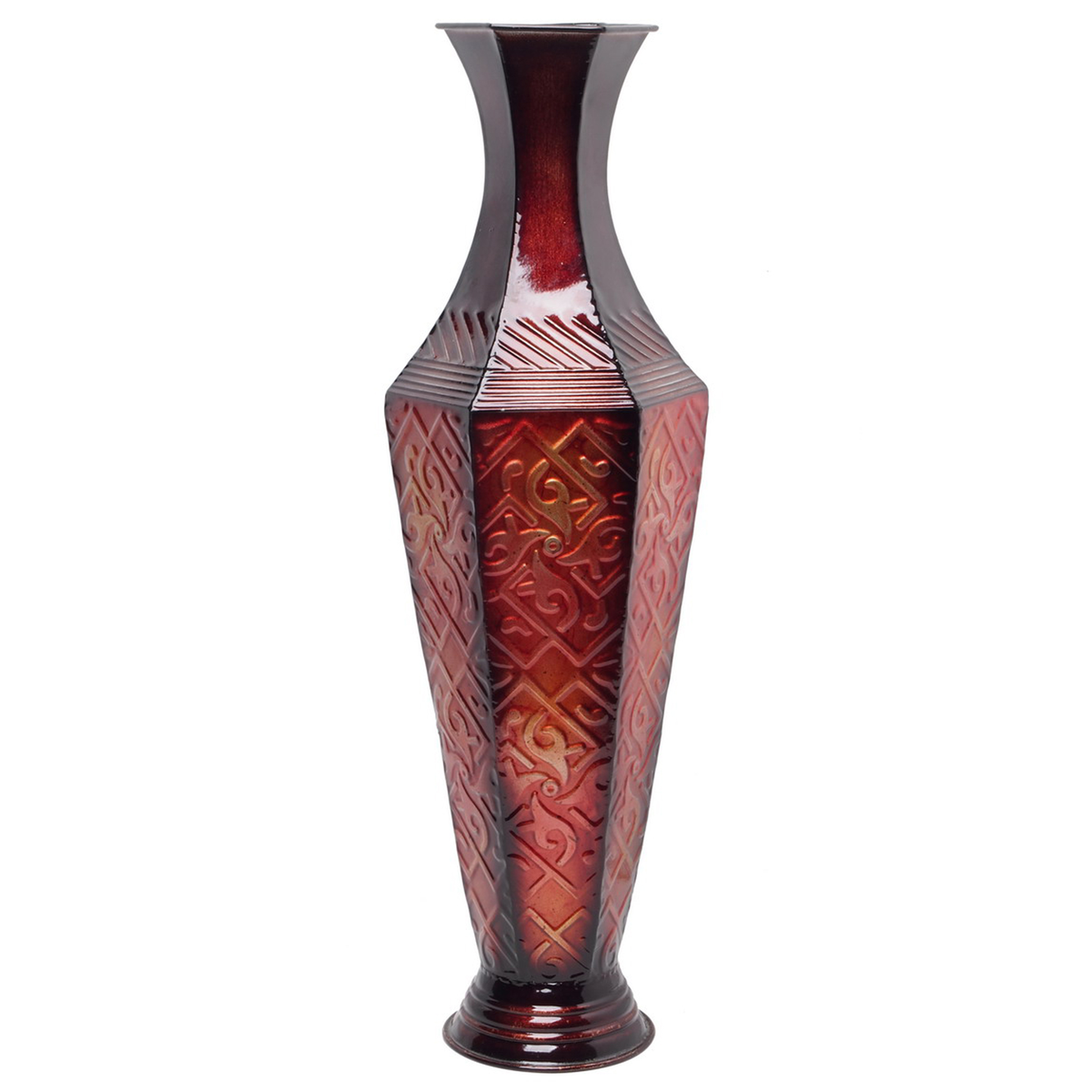 Metal Embossed Tall Floor Vase, Red/Black Color,  23.5 Inches High