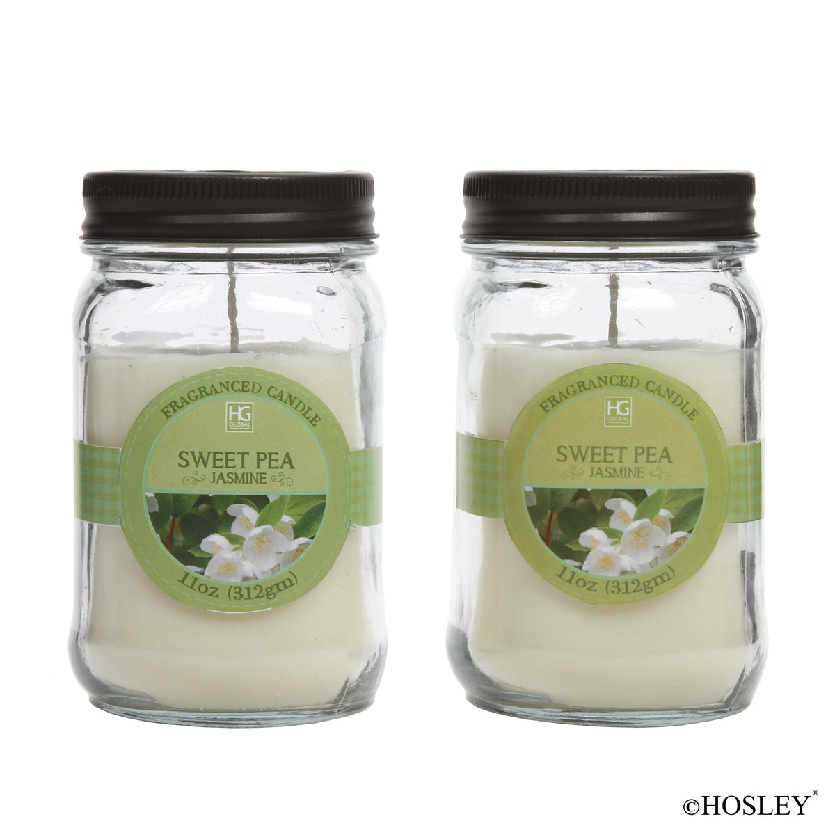 Set of 2, 11 oz Sweet Pea Jasmine Scented Mason Jar Candles.