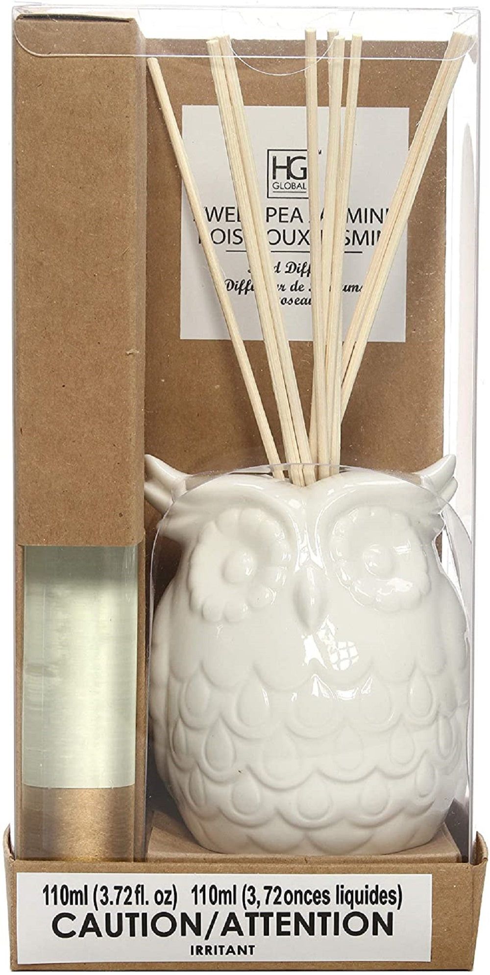 Aromatherapy Pea Jasmine Diffuser Oil with Ceramic Farmhouse Owl Bottle and Reed Sticks. All in One! 110 Milliliter. Ideal Gift for Weddings Spa Reiki Meditation Bathroom O5