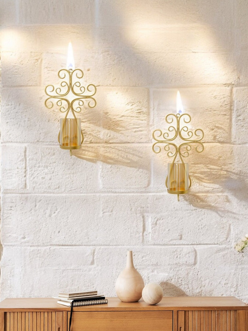 Metal Gold Wall Sconce with Glass Candle Holder 13 High Set of 2. Pillar Candle Holders Decorative Iron Sconces for Home Decor Cross Shape Design