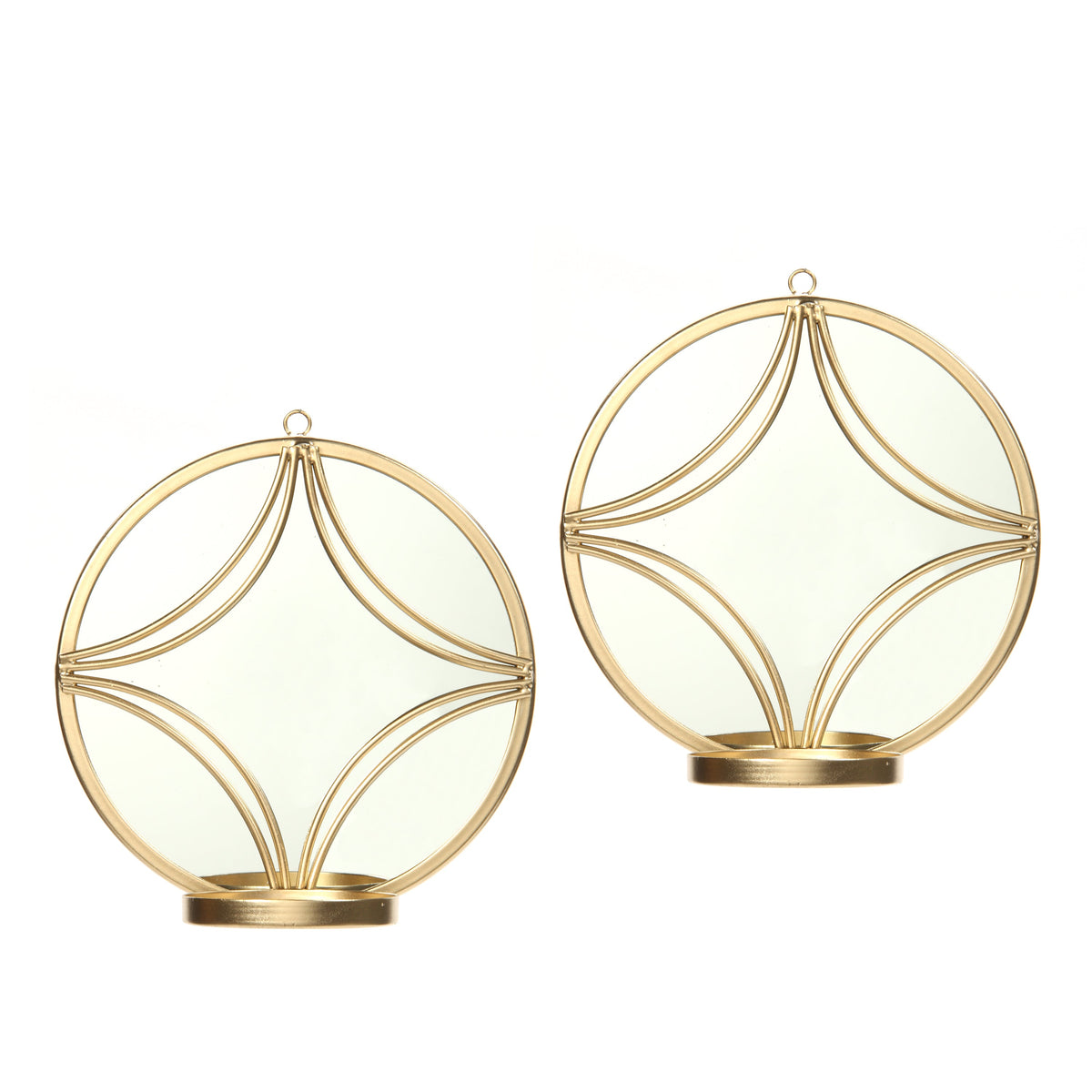 Set of 2 Wall Gold Finish Circle Mirror Wall Sconces 8 Inch Diameter Iron Modern Wall Art Plaque Ideal Gift for Weddings Parties Spa Aromatherapy LED Tealight Candle Garden O5