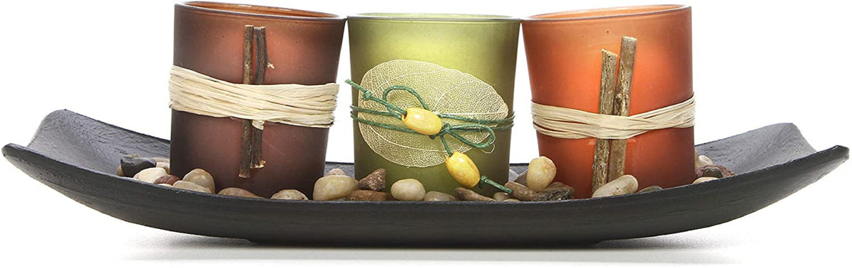 Natural Farm-house Candle-scape Set of 3 Decorative Candle Holders Rocks and Tray 10 Inch Long. Ideal Gift for Wedding Party Spa Aromatherapy LED Tea Light Votive Candle Gardens O5