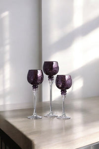 Long Stem Glass Crackle Tealight Holders, Metallic Purple Finish, Set of 3,   9", 10" & 12"High