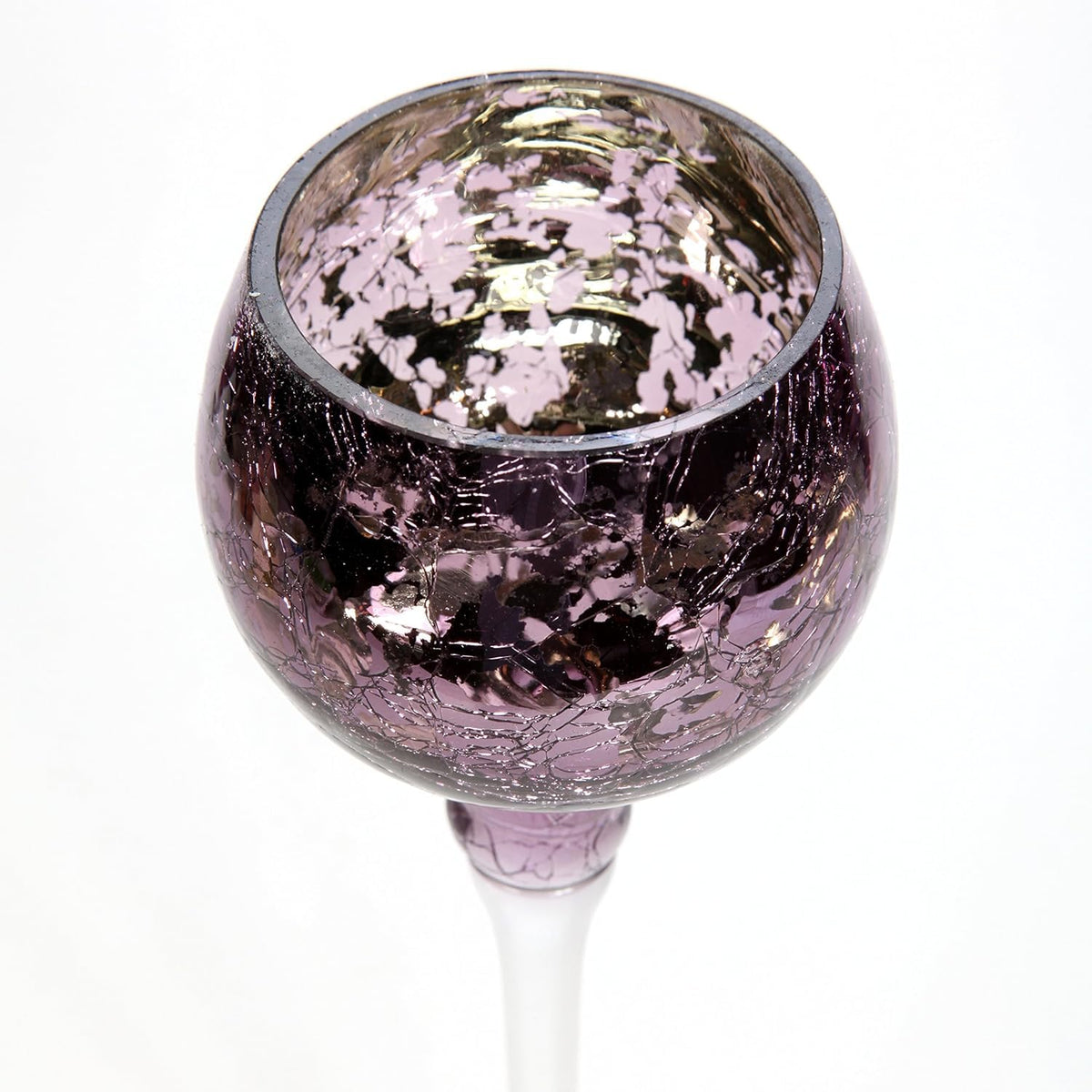 Long Stem Glass Crackle Tealight Holders, Metallic Purple Finish, Set of 3,   9", 10" & 12"High