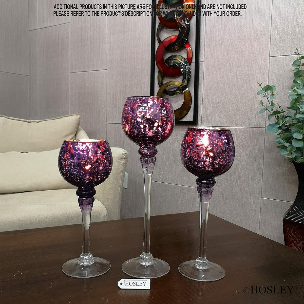 Long Stem Glass Crackle Tealight Holders, Metallic Purple Finish, Set of 3,   9", 10" & 12"High