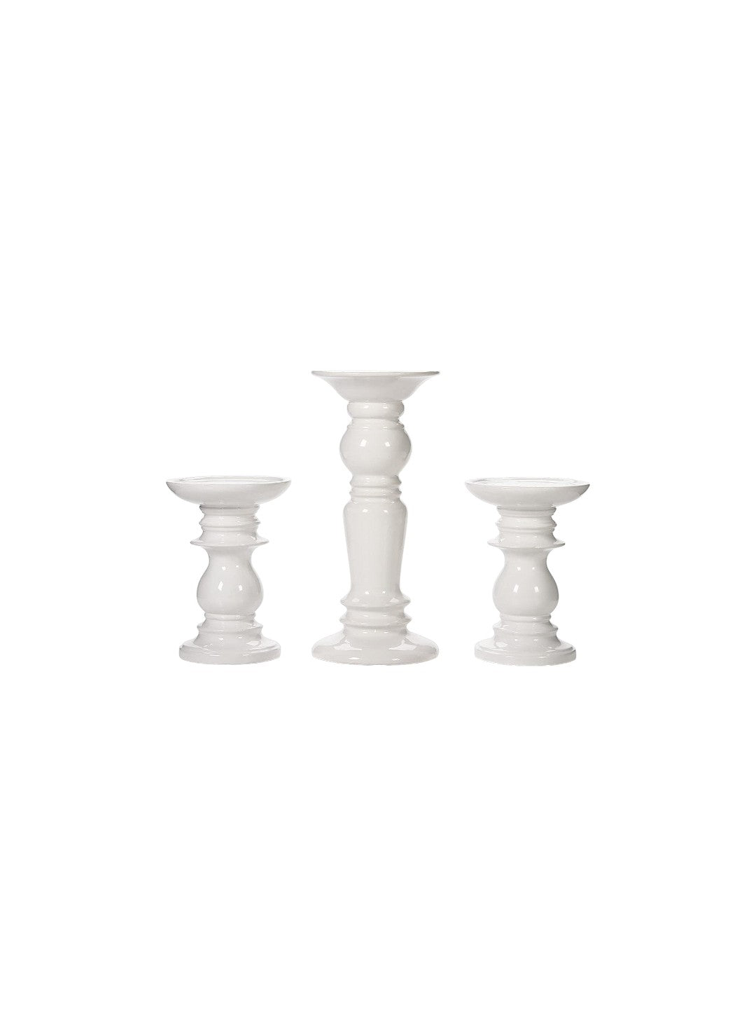 Ceramic Pillar Candle Holders, White Glazed, Set of 3, Two 6 inches and One 9.5 inches High