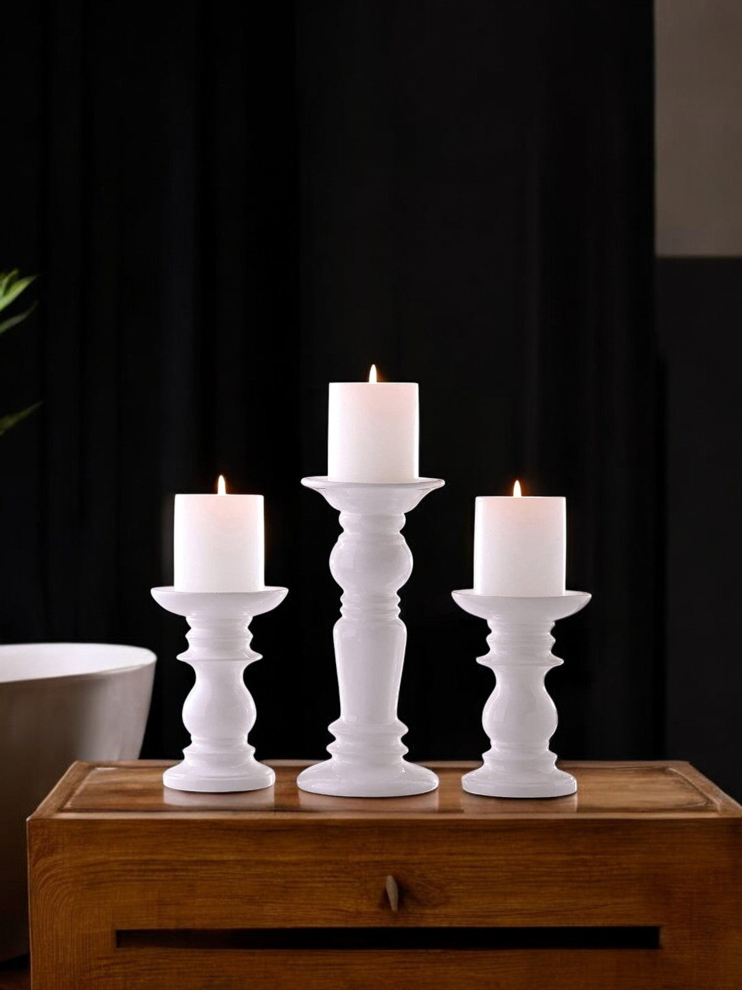 Ceramic Pillar Candle Holders, White Glazed, Set of 3, Two 6 inches and One 9.5 inches High