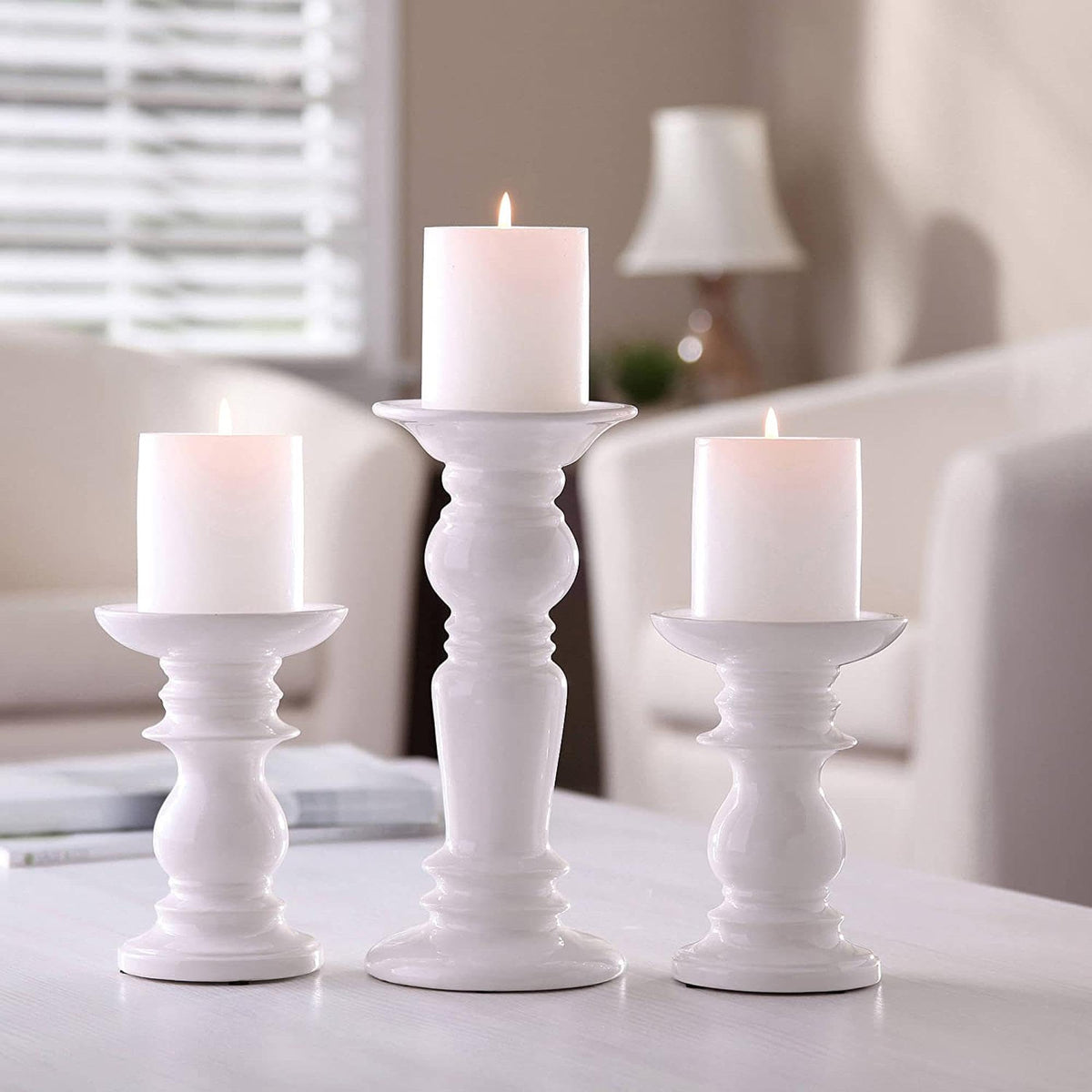 Ceramic Pillar Candle Holders, White Glazed, Set of 3, Two 6 inches and One 9.5 inches High