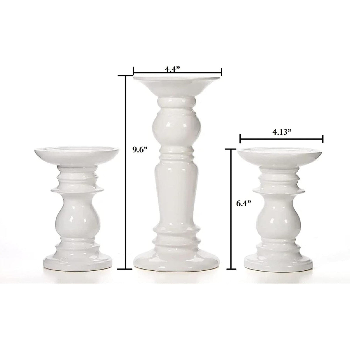 Ceramic Pillar Candle Holders, White Glazed, Set of 3, Two 6 inches and One 9.5 inches High