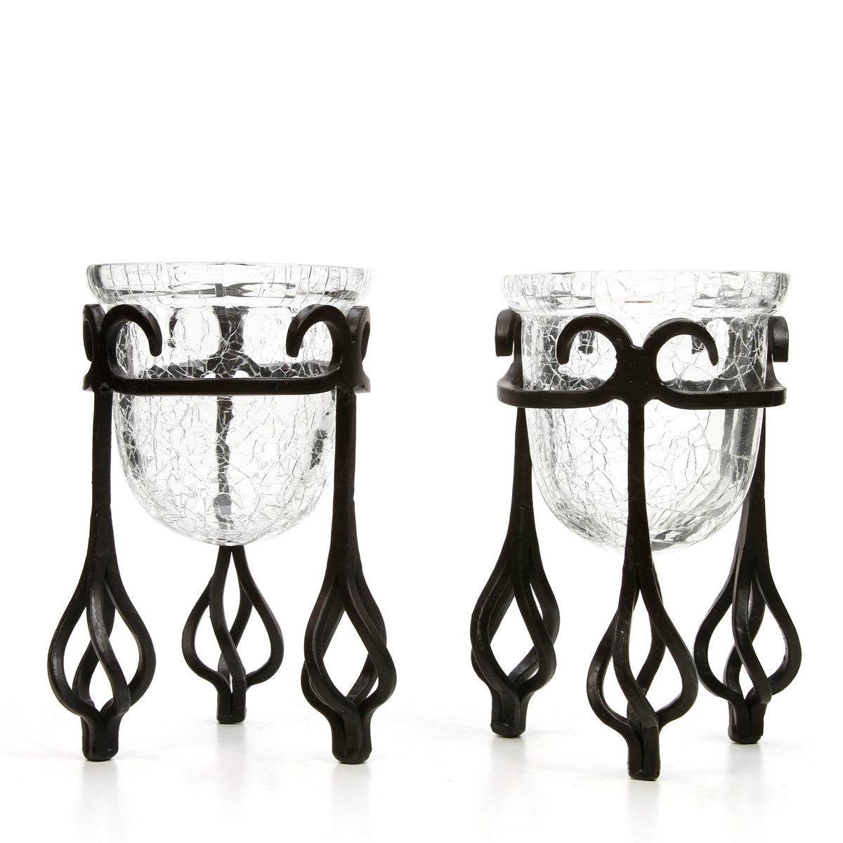 Iron Spindle Stand with Crackle Glass Candle Holders, Set of 2, 4 inches High each