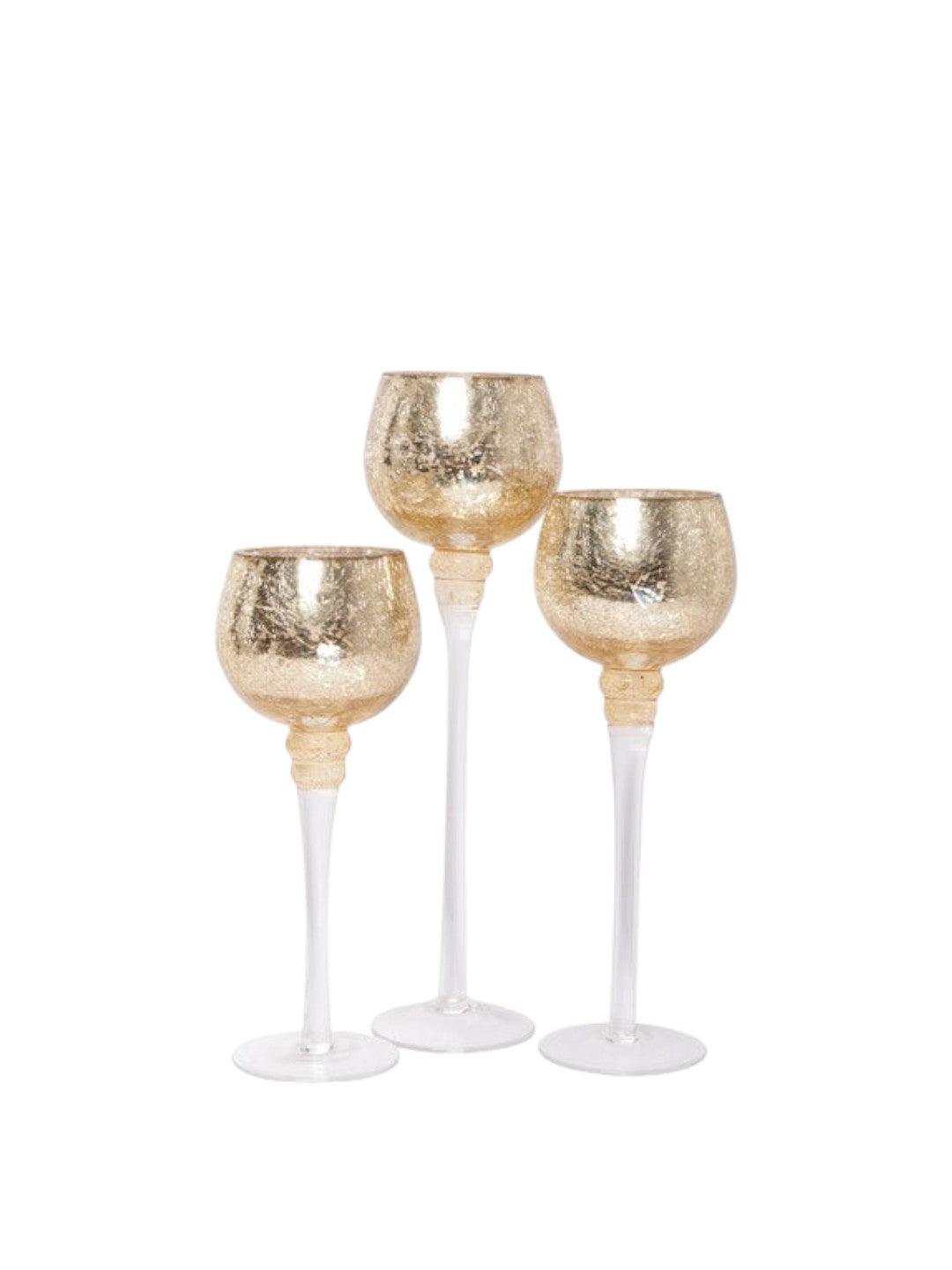 Long Stem Glass Crackle Tealight Holders, Metallic Gold Finish, Set of 3,   9", 10" & 12"High