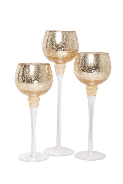 Long Stem Glass Crackle Tealight Holders, Metallic Gold Finish, Set of 3,   9", 10" & 12"High