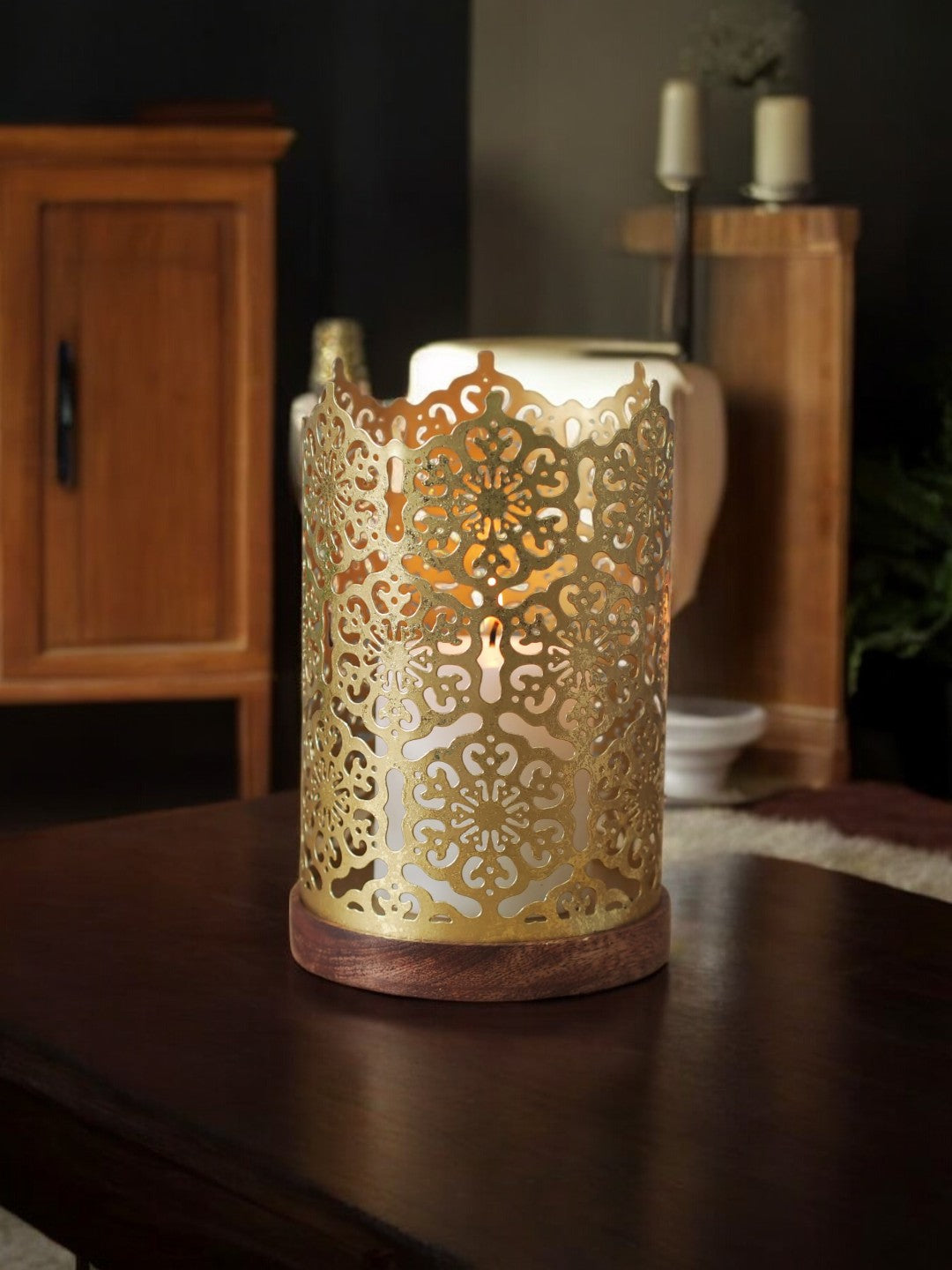 Metal Diamond Cut Design Candle Holder 7.5 Inch High, Gold Perfect for Home Decor, Lighting, Wedding, Parties, Gifting