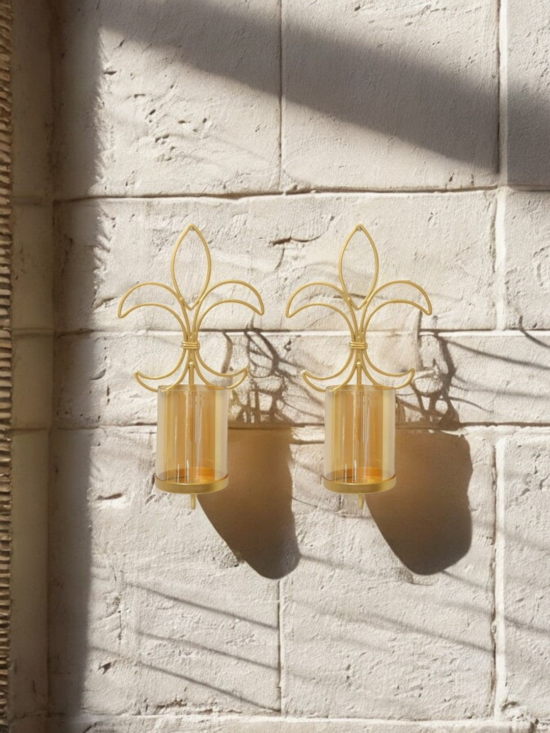 Metal Gold Fleur Dis Lis Wall Sconce with Glass Candle Holder 13.25 High Set of 2. Pillar Candle Holders Decorative Iron Sconces for Home Décor