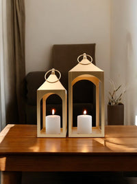 Set of 2 Modern Metal Classic Style Lanterns Gold. Ideal Gift for Parties Weddings Aromatherapy and LED Spa Settings