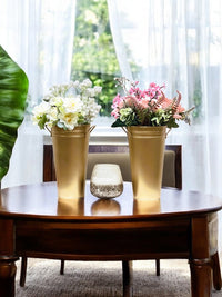 Set of 2, 9In H Gold Bucket/Pot Vase with PVC Liner, Ideal Gift for Wedding Home Office Party DYI Indoor Outdoor Garden Patio