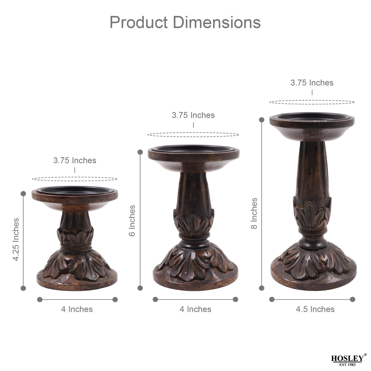 Set of 3 Dark Brown Wood Pillar Candle Holders 8 Inches 6 Inches and 4.25 Inches High Ideal for LED and Pillar Candles Gifts for Weddings Party Home Spa Reiki Aromatherapy