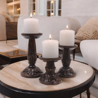 Set of 3 Dark Brown Wood Pillar Candle Holders 8 Inches 6 Inches and 4.25 Inches High Ideal for LED and Pillar Candles Gifts for Weddings Party Home Spa Reiki Aromatherapy