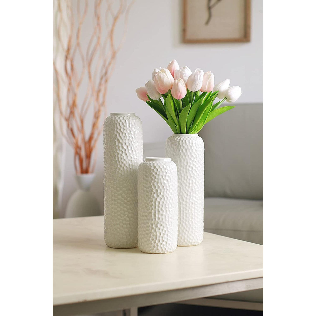 Ceramic Honeycomb Vase , White Glazed,  Set of 3 , 12"  10 "  8" High