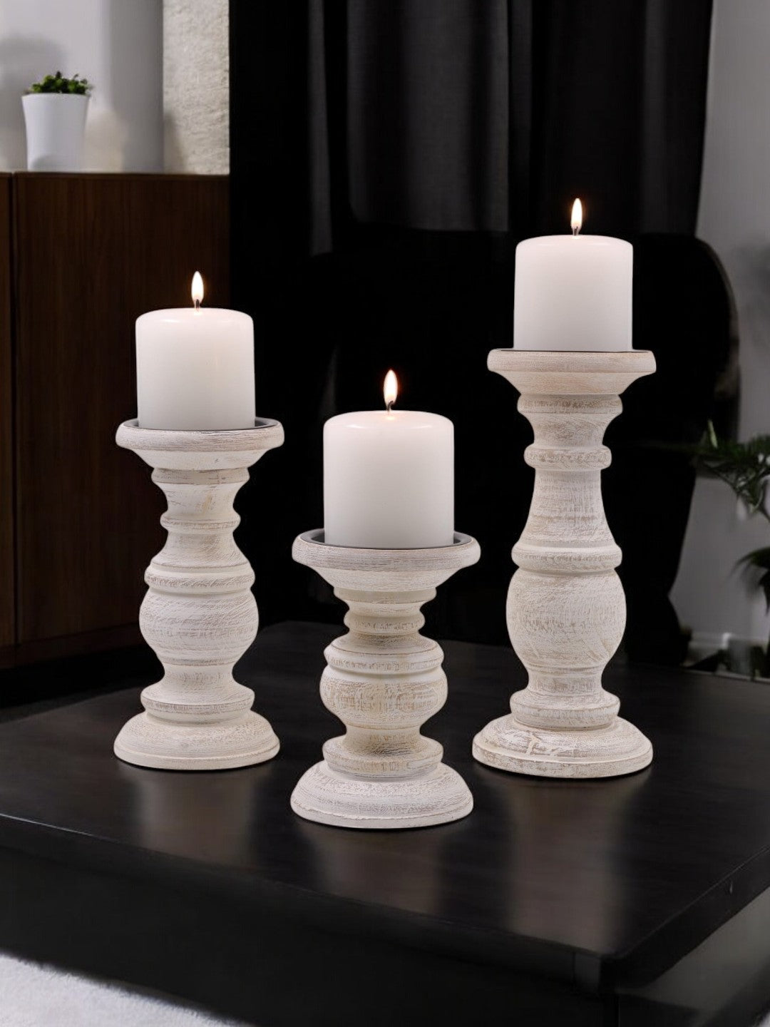 Set of 3 White Wash Wood Pillar Candle Holders 10 Inches 8 Inches and 6 Inches High Ideal for LED and Pillar Candles Gifts for Weddings Party Home Spa Reiki Aromatherapy