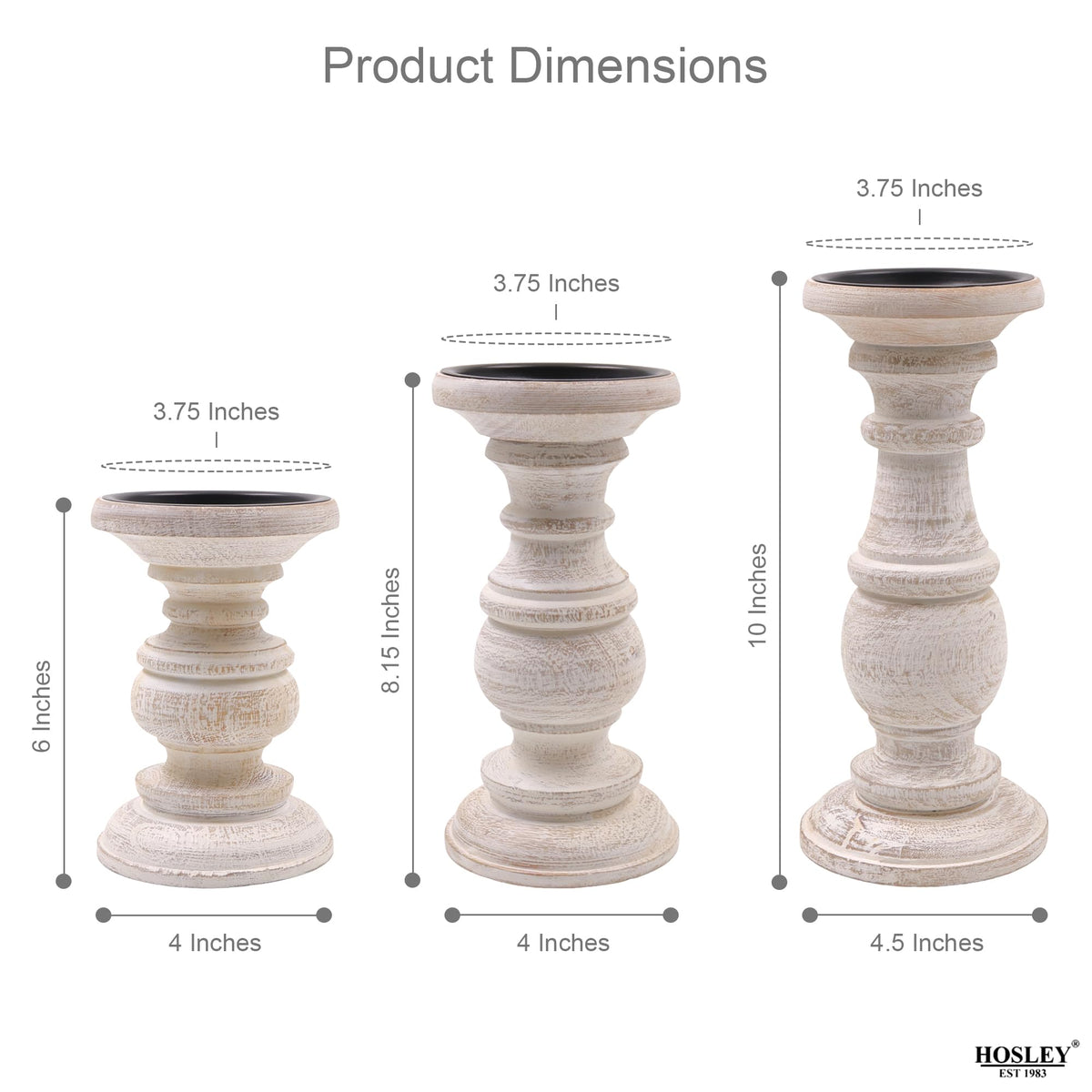 Set of 3 White Wash Wood Pillar Candle Holders 10 Inches 8 Inches and 6 Inches High Ideal for LED and Pillar Candles Gifts for Weddings Party Home Spa Reiki Aromatherapy