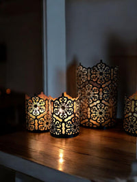 Set of 3 Black Finish Metal Candle Holders 4 Inch High Lattice Cut Lanterns for Coordinated Elegance and Enchanting Illumination Elevate Your Decor