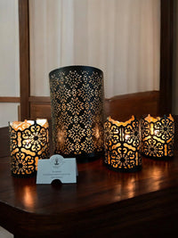 Set of 3 Black Finish Metal Candle Holders 4 Inch High Lattice Cut Lanterns for Coordinated Elegance and Enchanting Illumination Elevate Your Decor