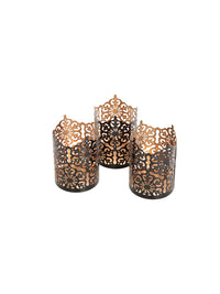 Set of 3 Black Finish Metal Candle Holders 4 Inch High Lattice Cut Lanterns for Coordinated Elegance and Enchanting Illumination Elevate Your Decor