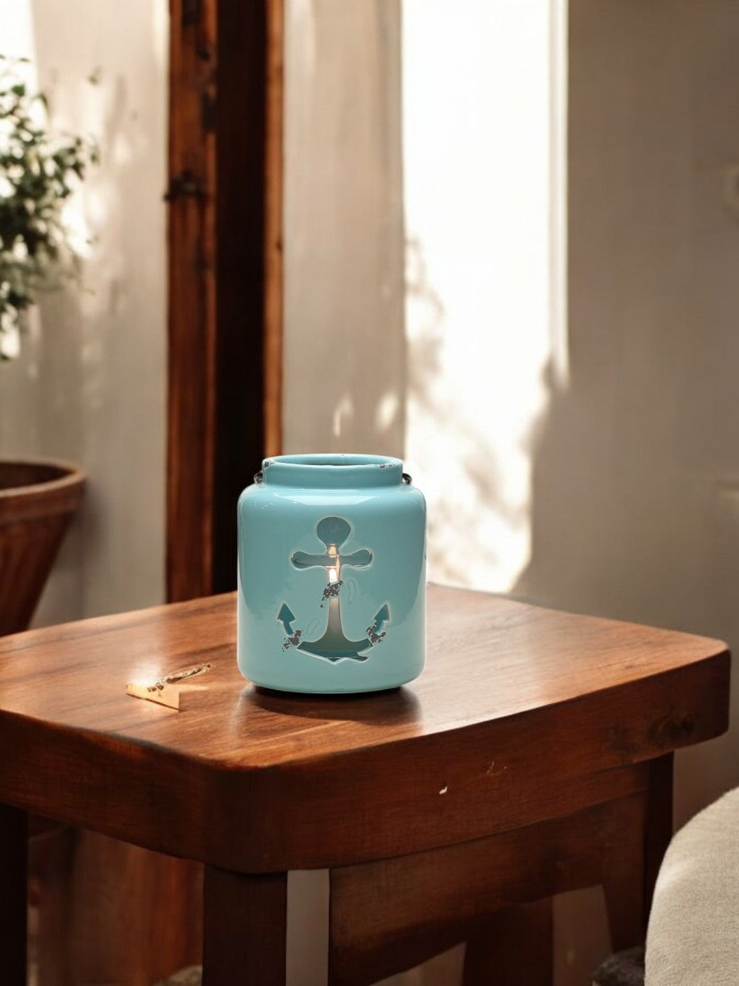 Nautical Anchor Blue Ceramic Candle Holder LED Lantern 5.5 Inch High Ideal for Wedding Reiki Spa Candle Gardens P2