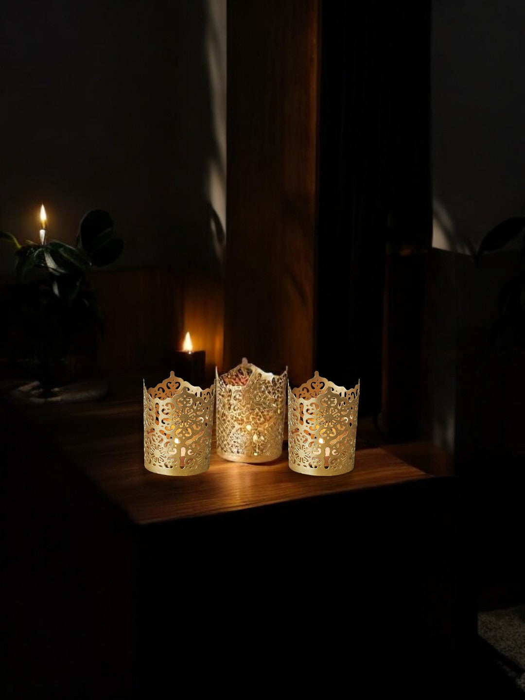 Set of 3 Gold Diamond Cut Candle Holders 4 Inches High Elevate Your Space with Elegant Metal Candle Holders in a Value Pack