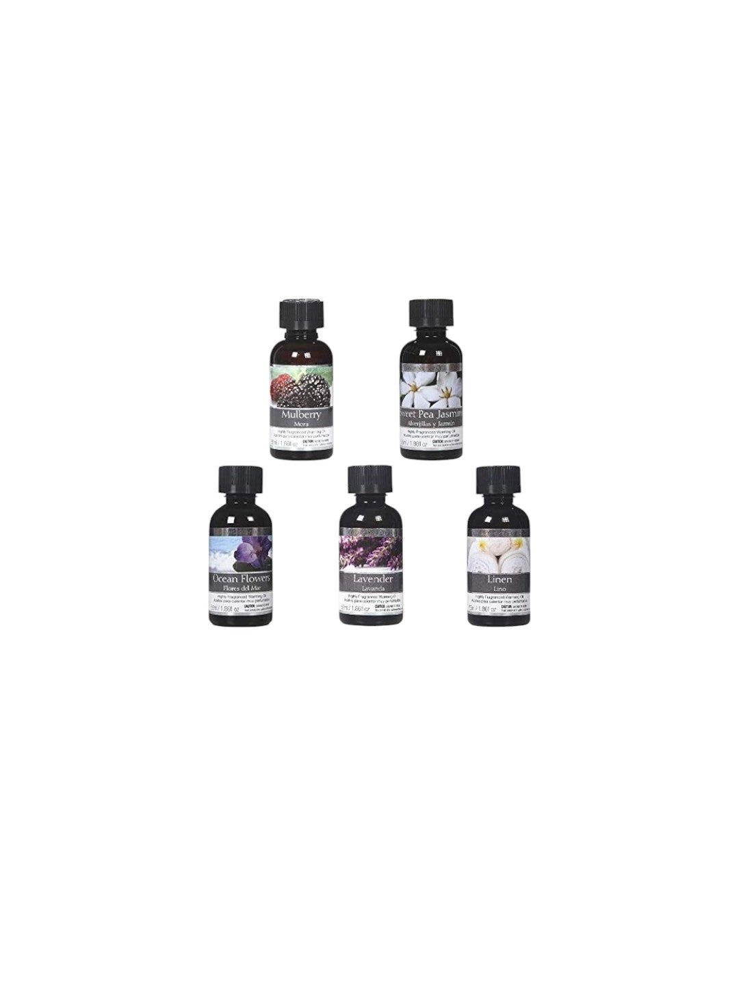 Set of 5 Assorted Fragrance Warming Oils 55 Milliliter-Mulberry, Sweet Pea Jasmine, Lavender, Ocean Flower, Linen. Ideal for spa Meditation Bathroom Settings O4