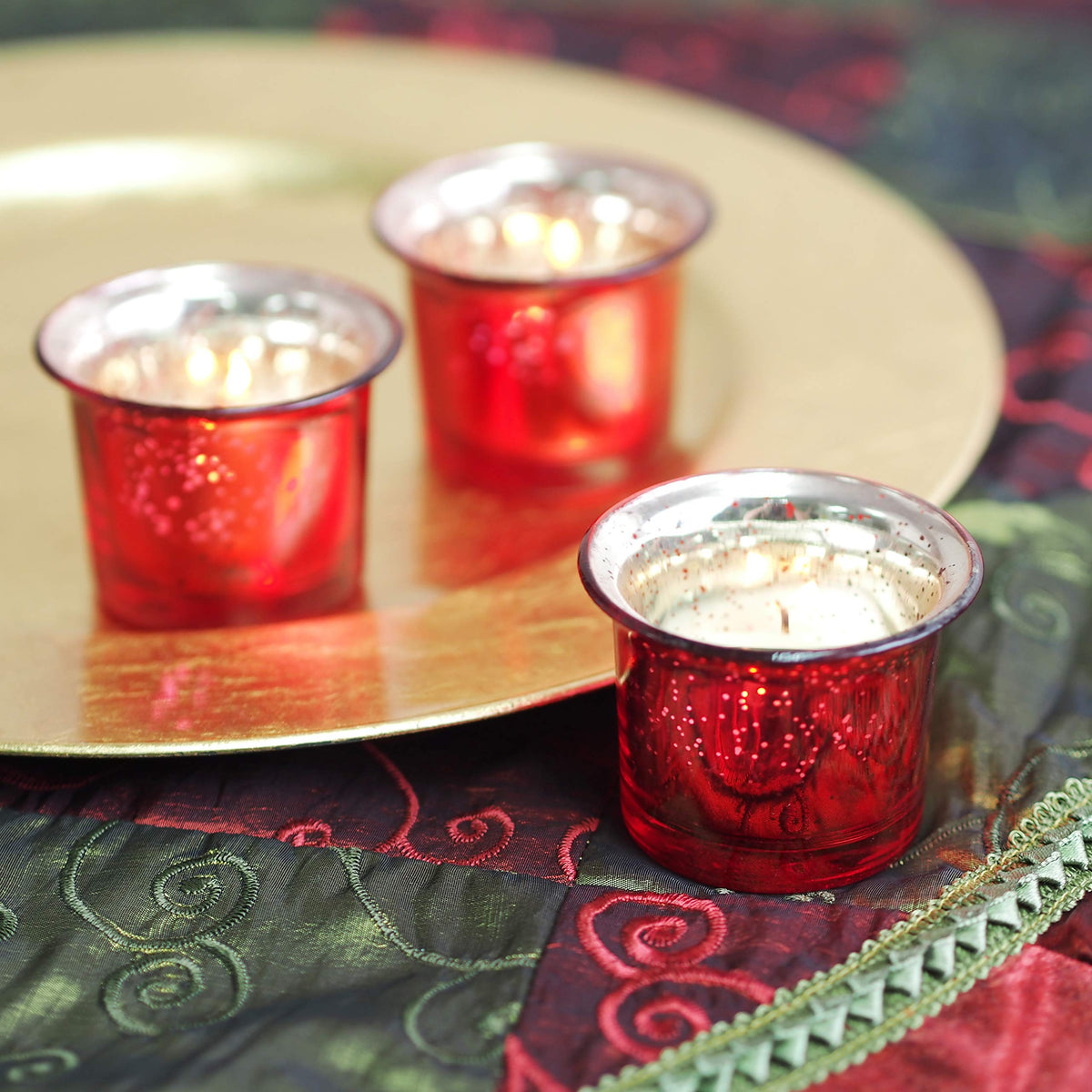 Glass Candle Tealight Holders, Metallic Red Finish, Set of 6