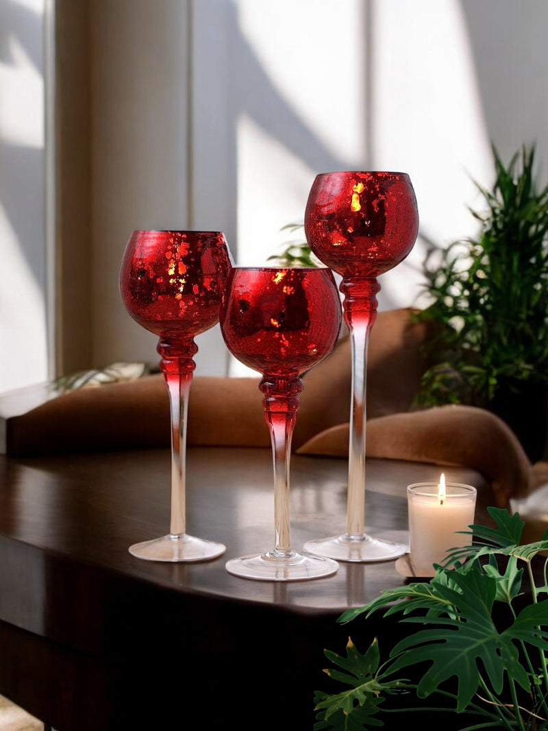 Set of 3 Crackle Red Glass Tealight Holders - 12 Inch, 10 Inch, 9 Inch Ideal for Weddings Special Events Parties Also Makes a Great Gift