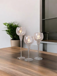 Long Stem Glass Crackle Tealight Holders, Metallic Silver  Finish, Set of 3,   9", 10" & 12"High