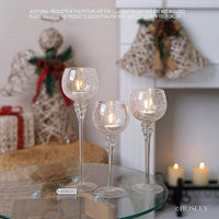 Long Stem Glass Crackle Tealight Holders, Metallic Silver  Finish, Set of 3,   9", 10" & 12"High